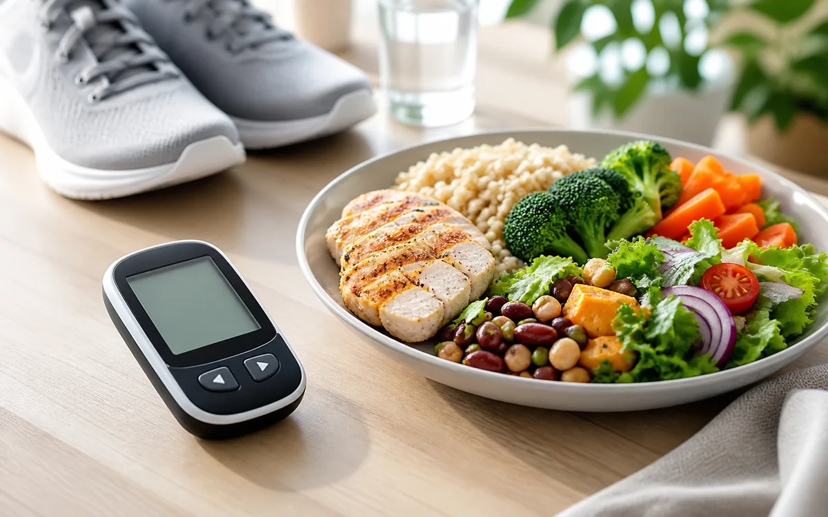 Glucose meter beside a balanced meal for type 2 diabetes prevention